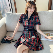 maje kara check slim dress womens summer 2021 new French retro lace-up waist thin short skirt