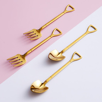ins European fruit fork creative cute stainless steel Golden luxury dessert spoon snack small fork set
