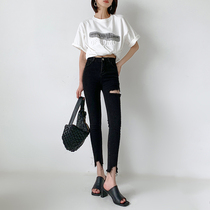 Light cloth adjustment high spring and summer thin stretch slim-fit hole small feet burr lengthened jeans womens nine-point pants women