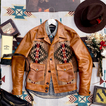 Below the cost? Oil wax cowhide American vintage jacket mens leather leather Navajo style jacket