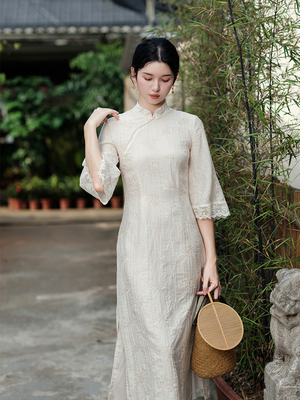 taobao agent Curtain, retro apricot cheongsam, lace dress, Chinese style