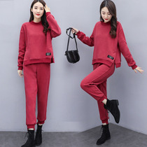 Leisure sports suit women autumn and winter thick plus velvet 2021 New Korean fashion cotton loose sweater two-piece set