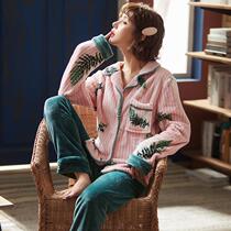 Flannel pajamas womens autumn and winter coral velvet padded plus size warm outside home clothes postpartum suit