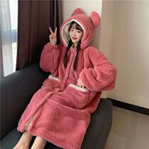 Autumn and winter pajamas female flannel robes female padded velvet coral velvet long cute sweet bathrobe home clothes