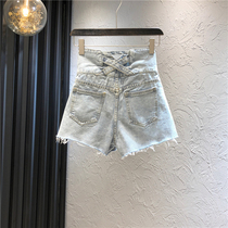 Europe station 2021 summer new back personality strap high waist denim shorts women A word wide leg student hot pants