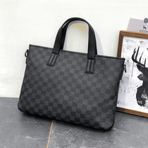Hong Kong genuine leather mens handbag Paper Package Leisure Computer Package briefcase Checkered Bull Leather Single Shoulder Bag Tide