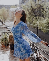 French single blue floral silk slip dress ins Popular