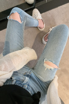 Ripped jeans womens 2021 spring and summer new Korean edition high waist light color nine-point pants tight thin stretch pants