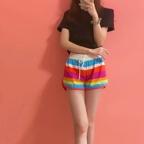 2022 Youth Student Girl Beach Pants Beach Resort Hot Spring Anti-Embarrassment Rainbow Swim Trunks Quick Dry Shorts