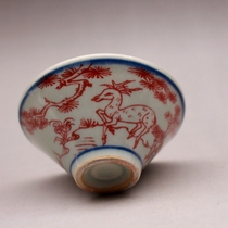 Late Qing Dynasty folk kiln blue and white glaze red deer crane Doujia cup small teacup antique ceramic antique collection