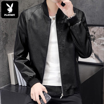 Playboy leather jacket mens spring and autumn plus size locomotive soft leather baseball collar jacket short Tide brand clothes