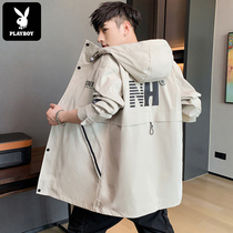 Playboy windbreaker mens spring and autumn handsome Korean version of the trend mid-length jacket casual wild tooling jacket