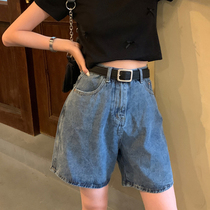 Fat girl wear five-point pants Fat sister large size high waist thin wide legs a word denim shorts womens summer loose