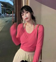Rust and bone-rose pink meat orange powder fake two body slim fit pure color stitch weaters