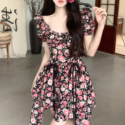 taobao agent Summer mini-skirt, sexy belt, dress, suitable for teen, square neckline, floral print, plus size, puff sleeves
