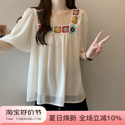 taobao agent Summer clothing, doll, top, new collection, with embroidery, square neckline, puff sleeves, plus size