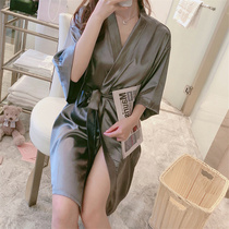 Sleepwear woman Summer thin Ice Silk Short Sleeve Sleeping Robe Day Department Pure Color Lady Bathrobe Lace Real Silk Home Clothing