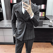 Autumn and winter double-breasted casual suit mens suit Korean trend English style slim striped mens small suit jacket
