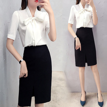 Professional suit womens summer fashion 2021 new socialite small fragrance bow shirt overalls two-piece skirt
