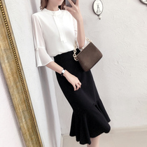 Chiffon professional suit womens summer 2021 new goddess fan fashion ol temperament two-piece work clothes fishtail skirt