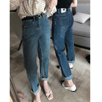 TMH STUDIO Elastic retro straight cylinder jeans Women Summer Korean version High waist display slim hair side 90% pants