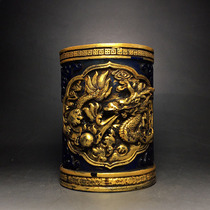 Folk collection antiques old gold glaze gilt gold ornaments Dragon Play Ball Pen Holder