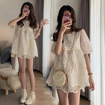 Japanese pregnant women summer dress suit net red fashion wear Chiffon short-sleeved top skirt cover pregnant belly womens clothing
