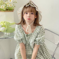 Vegetable elf vegetable dog original Mori female tribe cute square collar skirt puff sleeves loose plaid dress summer
