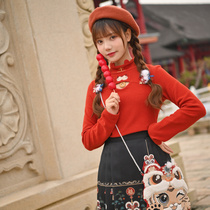 Original Mori Nu Tribal Year of the Tiger Red Leggings Womens Autumn and Winter Slim Fashion Beautiful T-shirt Niche Semi-High Collar