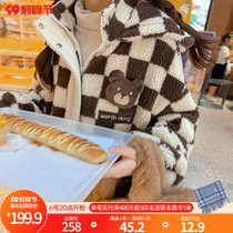 Original Sen female tribe checkerboard Korean lamb down jacket loose sweatshirt foreign atmosphere age reduction autumn and winter cardigan clothes
