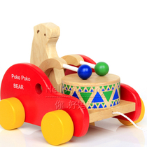 Children's beneficial intelligence wooden walker 2-3-6-year-old baby cable small trailer toy bear drum car
