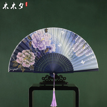 Mu Xi 6 inch womens fan folding fan Chinese style peony fan summer folding small fan craft folding fan