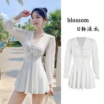 blossom swimsuit women hot spring belly thin skirt one-piece white long sleeve fairy fan conservative 2021 New