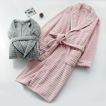 Japanese flower cut strip flannel nightgown ladies men autumn and winter warm plus plush bathrobe long sleeves couple loungewear