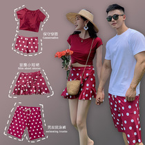 Retro beach pants couple suit bikini three-piece swimsuit female conservative thin seaside vacation couple swimsuit