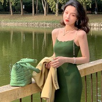 Wine afternoon Hong Kong style retro 2021 spring summer square collar Pearl suspender skirt sexy skinny knit dress women