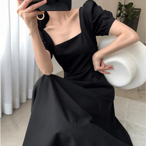 Sandro Moscoloni Hepburn style square collar dress womens 2021 summer new small black slim-fit long dress