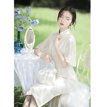 Four miss Si Teng cheongsam Jing Tian with the same paragraph beige bone erosion modified dress 2021 summer new retro republic of China
