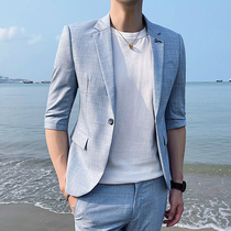 Light blue plaid suit Mens casual mid-sleeve suit nine-point pants two-piece photo studio wedding dress slim