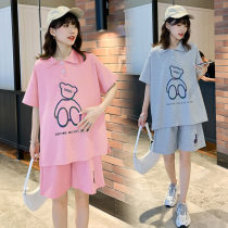 Maternity clothes summer wear fashion net red suit Cartoon short-sleeved top womens casual age-reducing sports two-piece set