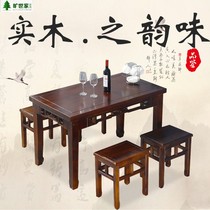 Solid wood dining table and chair combination noodle restaurant breakfast farmhouse carbonized antique carved flower hotel fast food long table