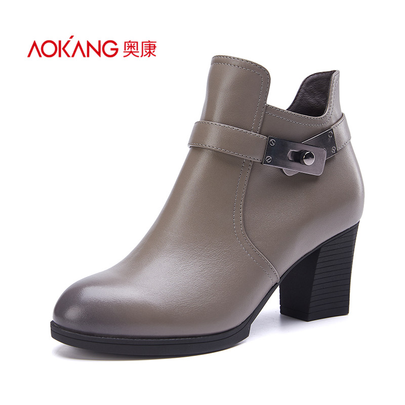 Aokang women's shoes winter fashion thick heel leather short boots British pure leather belt buckle multi-color cowhide boots