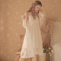 Night dress summer thin sexy suspenders two-piece V-neck skirt sweet and cute fairy court style lace pajamas women