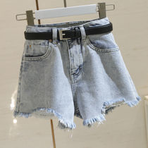 South Koreas hole denim shorts womens high waist 2021 summer Net red light color fur thin wild wild wide leg shorts hot pants