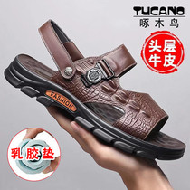 Woodpecker Summer New Leather Sand Shoes Mens Anti-Slide Leisure Sandals Men Thick-Sold Crocodile Leather Shoes