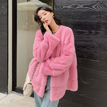 Imported purple standard velvet mink coat female whole mink horizontal row vneck mink fur young fashion coat winter
