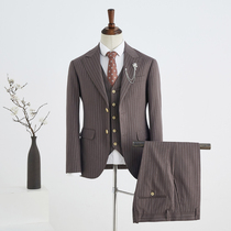 Wedding wool suit mens suit new retro English custom brown stripe dress suit three-piece suit