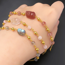 "Live Broadcast" Grey Moonlight Red Strawberry Crystal Powder Crystal Pixiu 925 Silver Gold-plated Bracelet