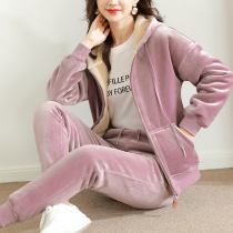 Plus velvet gold velvet sports suit women padded lamb velvet autumn and winter double-sided zipper hooded warm two-piece set