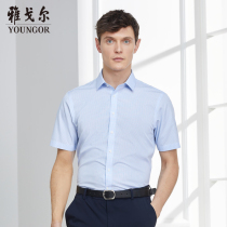Youngor short-sleeved shirt summer new mens business casual cotton non-ironing shirt slim white and blue grid shirt 2475